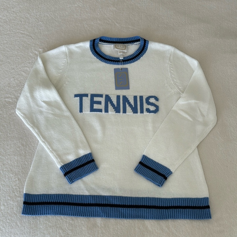 NWT Cotton Sail to Sable Tennis Sweater White with blue stripes